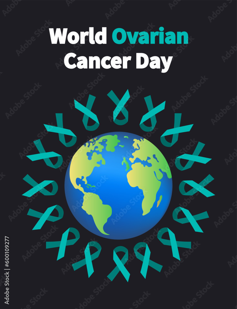 World Ovarian Cancer Day prevention and awareness. Emerald ribbons around planet earth. Suitability for Template banner, poster, background. Flat vector illustration 