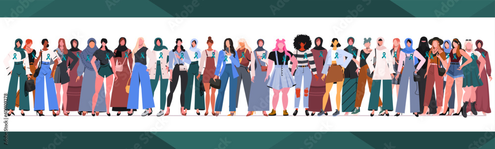 Ovarian Cancer Awareness Month. Women of different ethnicities stand side by side together with teal color ribbon on chest. Healthcare and  medicine concept. Colorful vector illustration.