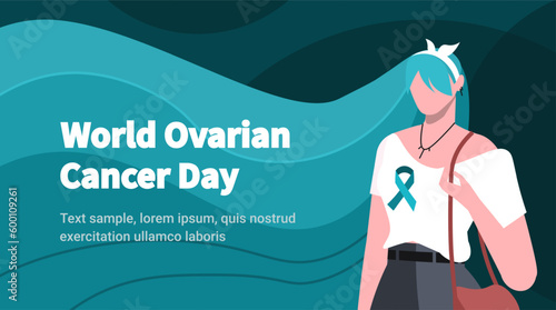 Ovarian Cancer awareness month. Young modern woman with blue green hair and teal color ribbon. Modern design suitable for poster, for card, flyer, website, app. Flat vector illustration