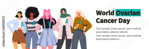 Vector illustration of five young modern diverse women standing together in an embrace with blue green ribbon support symbol on chest. World ovarian cancer awareness day concept.