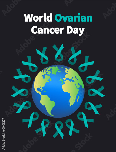 World Ovarian Cancer Day prevention and awareness. Emerald ribbons around planet earth. Suitability for Template banner, poster, background. Flat vector illustration 