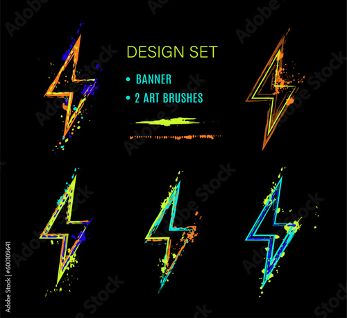 Set of ligthning icons, grunge art brushes. Fluorescent paint brush strokes, splattered paint of neon bright colors. Virtual abstract clip art