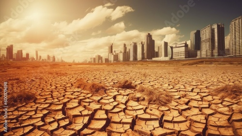 The city is affected by water shortages and rainfall amid cracked soil. The concept of abnormal heat and drought on the planet earth. AI generated.
