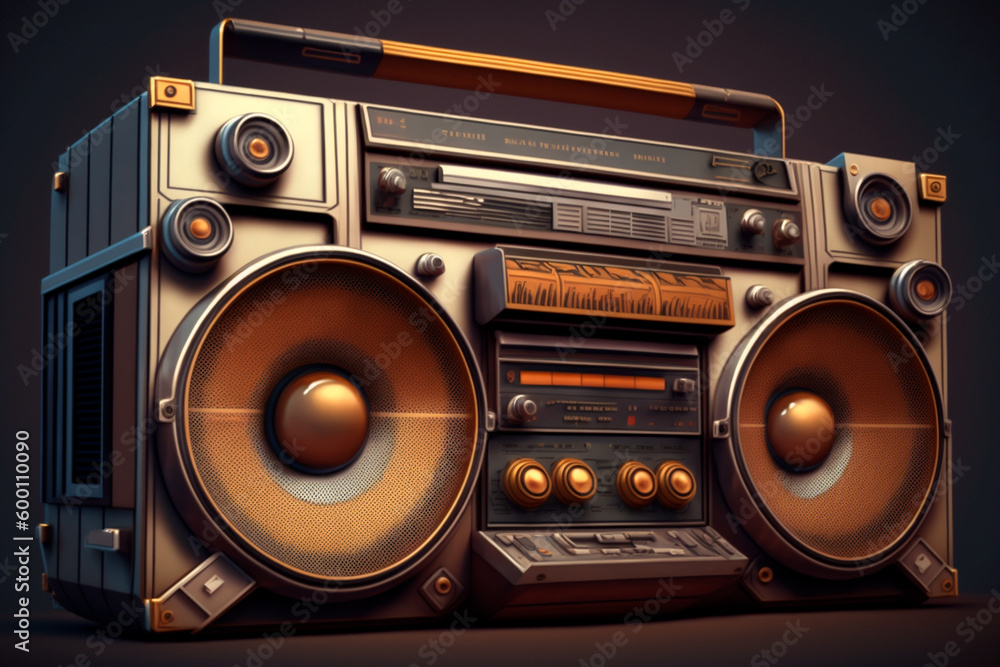 Fototapeta premium Vintage tape recorder stands proudly, its shiny dials and buttons whispering tales of music and memories. Generative AI