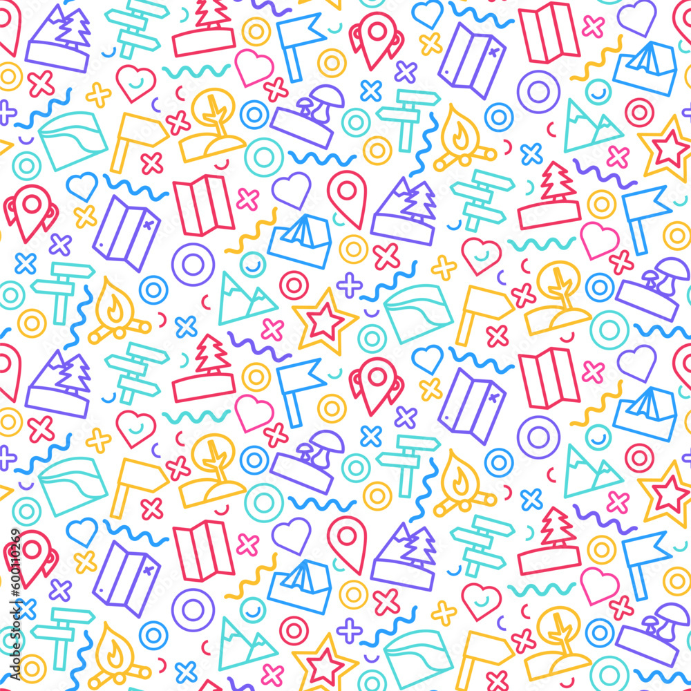 Camping travel seamless pattern. Route on map, checkpoint mark, location of campground. Ornament for printing on fabric, cover and packaging. Color line vector isolated on white background Camping travel seamless pattern. Route on map, checkpoint mark, location of campground. Ornament for printing on fabric, cover and packaging. Color line vector isolated on white background