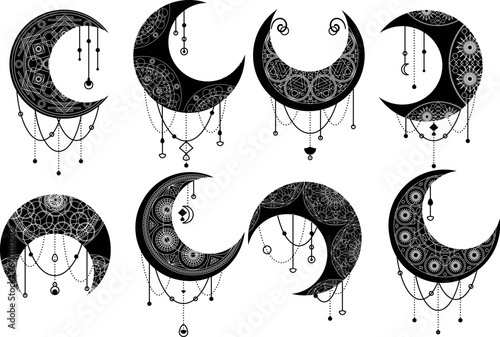 Set of black moon, crescent symbol with decorative ornament. Magic spa, manicure, jewelry store elements. Mystic symbol in boho style. Secret sacred vector sign isolated on white background