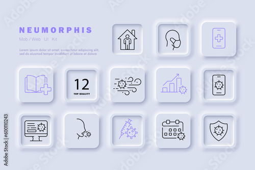 Virus icon set. Threat and danger of infectious diseases, public health and disease. Health. Neomorphism style. Vector line icon for Business