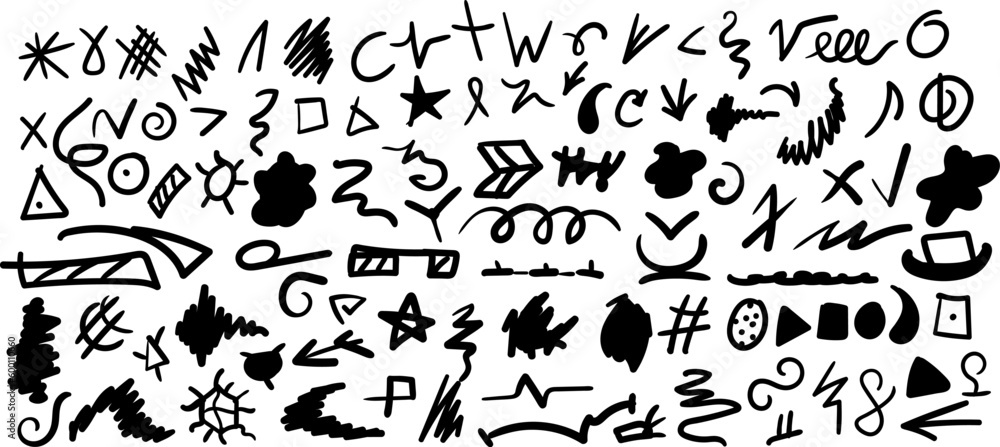 Set of black dashes lines iconic symbols hand drawn with multicolored felt-tip, pens, markers. Underline stroke, hatching, circle, square, triangle. Big simple black vector liner kit isolated on white Set of black dashes lines iconic symbols hand drawn with multicolored felt-tip, pens, markers. Underline stroke, hatching, circle, square, triangle. Big simple black vector liner kit isolated on white