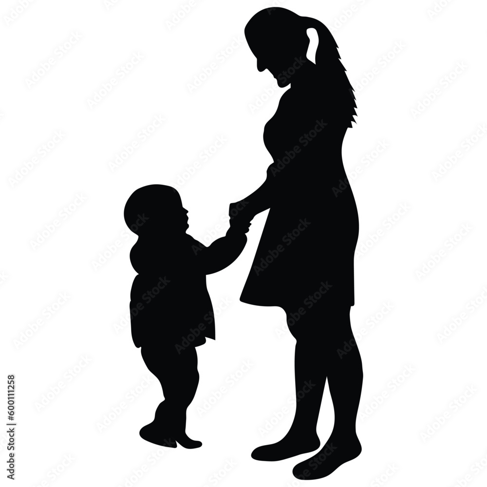 Mother holding child's hand, happy Mother's Day. ‍Silhouette illustration.