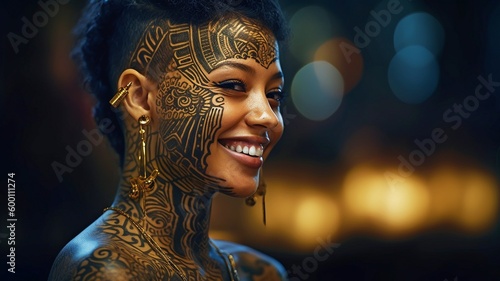 Foto Half-body hyper-realistic photo, smiling portrait of a tattooed black woman from