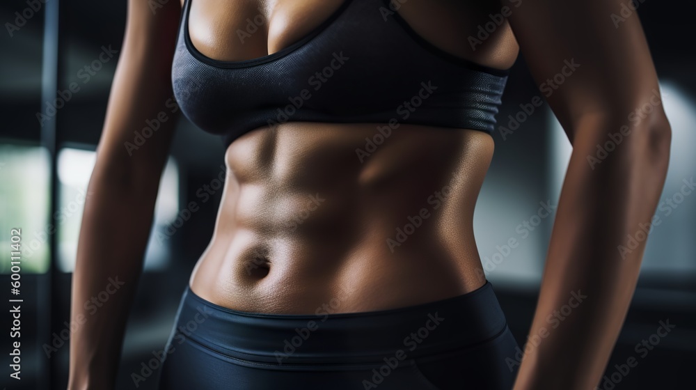 Fitness woman showing abs and flat belly, Close up, Gnerative AI