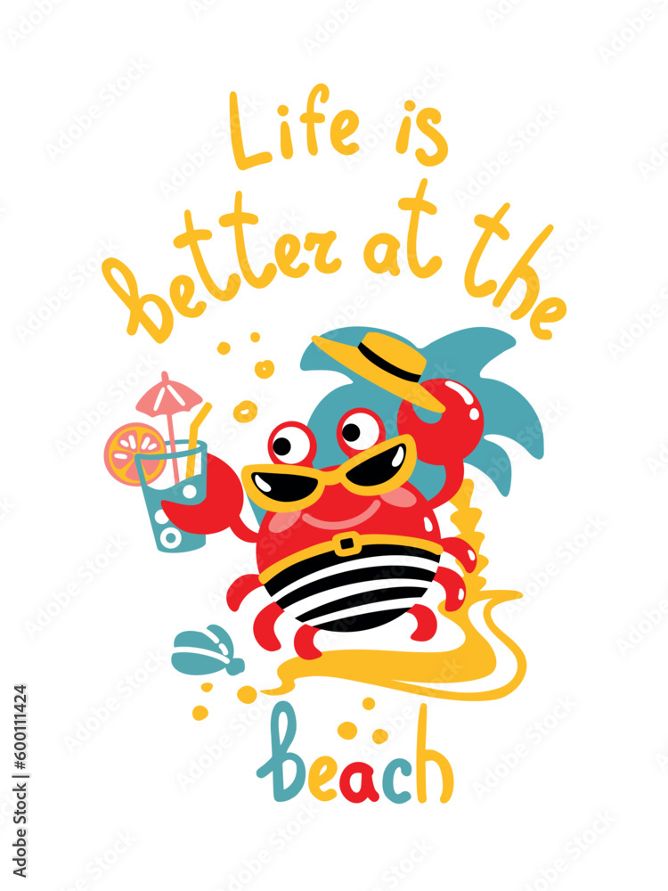 Funny crab in striped swimming trunks is resting on the beach. Summer illustration. Vector.