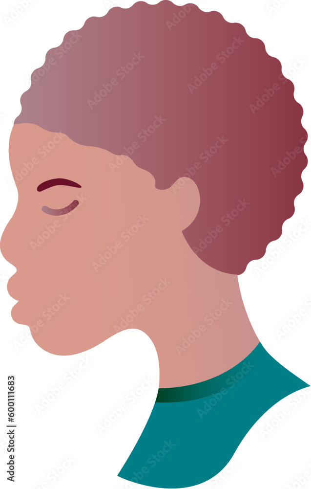 African American child face profile with closed eyes. Young African teen teenager with traditional short hairstyle curly hair. Avatar of boy with dark skin. Portrait. Vector isolated on white back