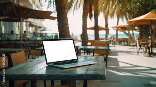Laptop with cut out screen at sea resort. Remote work and business in palm paradise. Can be used in description of digital nomads jobs or vacation illustrations. Copy space. Based on Generative AI © Yeti Studio