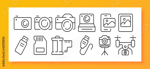 Camera icon set. Professional DSLR, mirrorless and compact cameras, lenses, tripods, flashes. Photo concept. Vector line icon for Business and Advertising