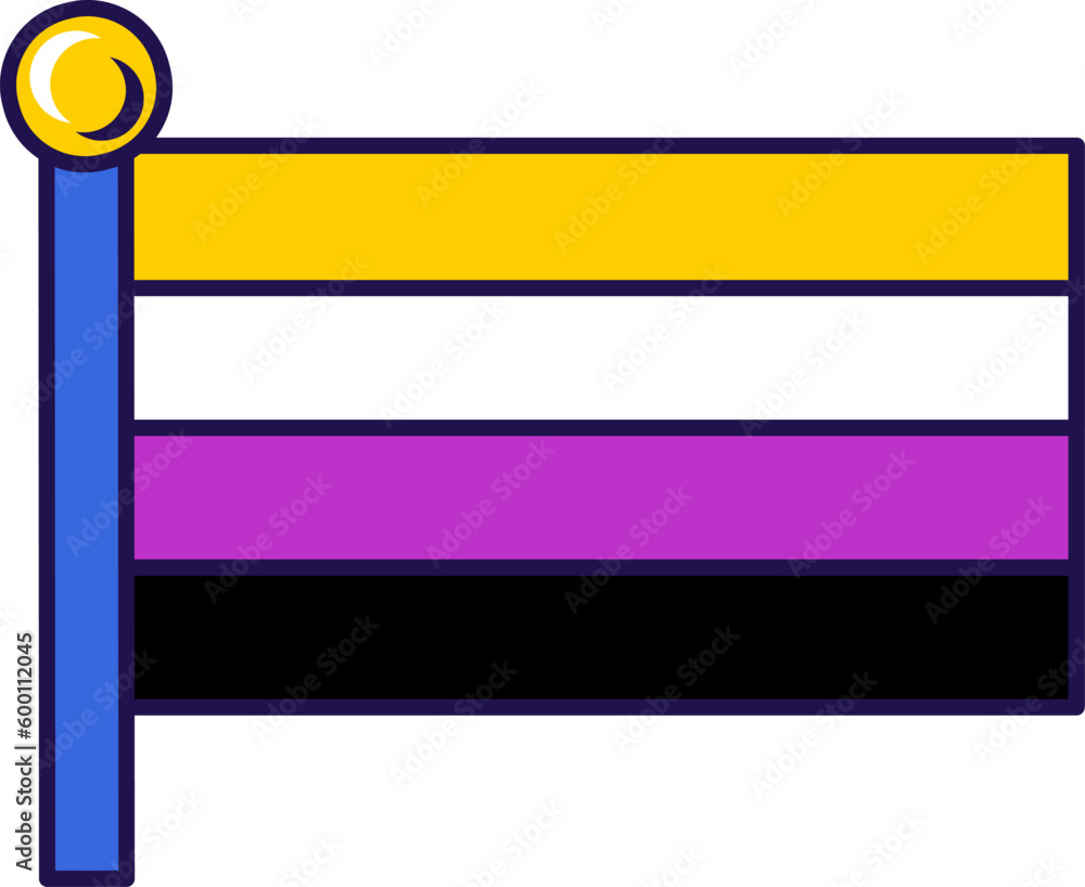 Flag of Non Binary Pride on flagstaff. Traditional and progressive unconventional sexual relations between sexes groups. Color stroke vector isolated on white background Flag of Non Binary Pride on flagstaff. Traditional and progressive unconventional sexual relations between sexes groups. Color stroke vector isolated on white background