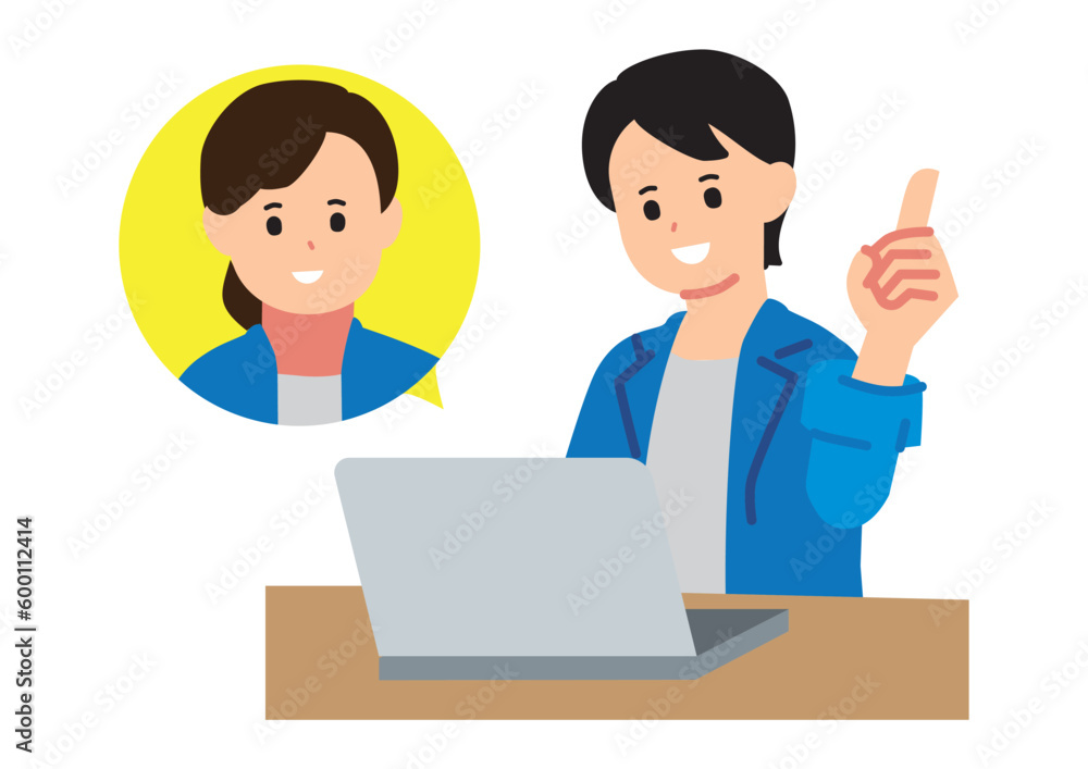 Illustration of a woman having a meeting with a woman on a PC screen (filled version)