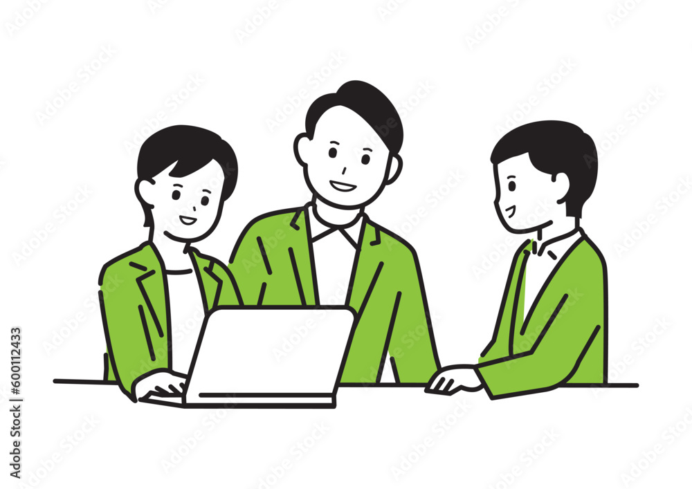 Three people sitting and having a meeting while looking at a laptop (line drawing version) Three people sitting and having a meeting while looking at a laptop (line drawing version)