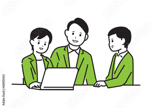 Three people sitting and having a meeting while looking at a laptop (line drawing version)