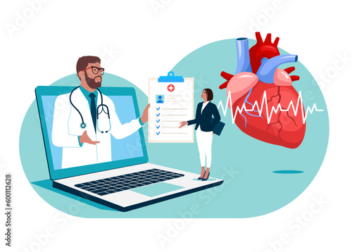 Online Doctor cardiologist consultate with a patient. Vector illustration for cardiovascular system, cardiology, medical examination topics. Heart disease research. 