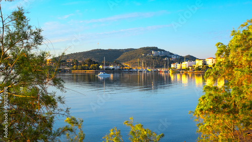 Calm sea and reflections at sunrise in Datça, the famous holiday resort of Muğla on the Aegean coast of Turkey