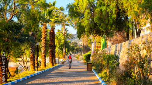 Person doing morning sports on the road covered with trees on both sides, Datça love road, Muğla - Turkey