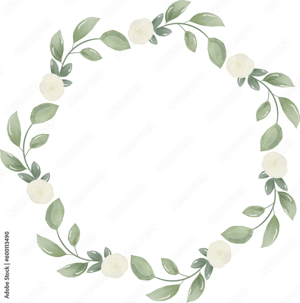 Watercolor delicate wreath from white buds flower with leaves. Botanical round frame for decorate card, invitation, postcard design. Graphic element PNG isolated on transparent background