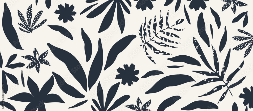 Monochromatic vector background with scattered abstract black leaves, flowers and other botanical elements. Random cutout dark tropical foliage collage, ornamental texture, cute decorative pattern Monochromatic vector background with scattered abstract black leaves, flowers and other botanical elements. Random cutout dark tropical foliage collage, ornamental texture, cute decorative pattern