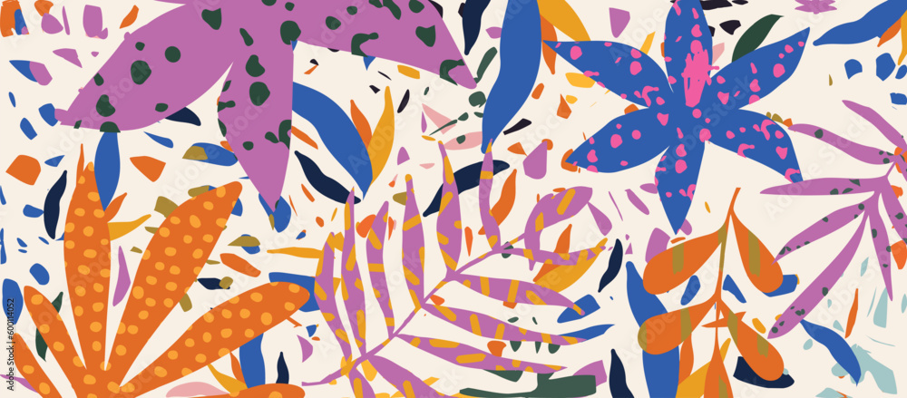Terrazzo inspired vector background with scattered abstract shapes, chips, leaves, flowers and other botanical elements. Random cutout forms collage, ornamental texture, cute decorative pattern