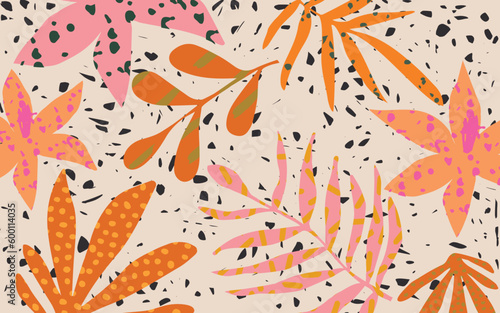 Terrazzo inspired vector background with scattered abstract shapes, chips, leaves, flowers and other botanical elements. Random cutout forms collage, ornamental texture, cute decorative pattern photo