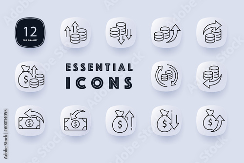 Money icon set. Financial management, investment, and wealth creation. Finance. Neomorphism style. Vector line icon for Business and Advertising