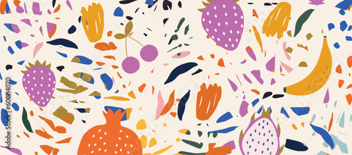 Terrazzo inspired vector background with scattered abstract shapes, chips, fruit, banana, pitaya, strawberry and pomegranate. Random cutout forms collage, ornamental texture, cute decorative pattern
