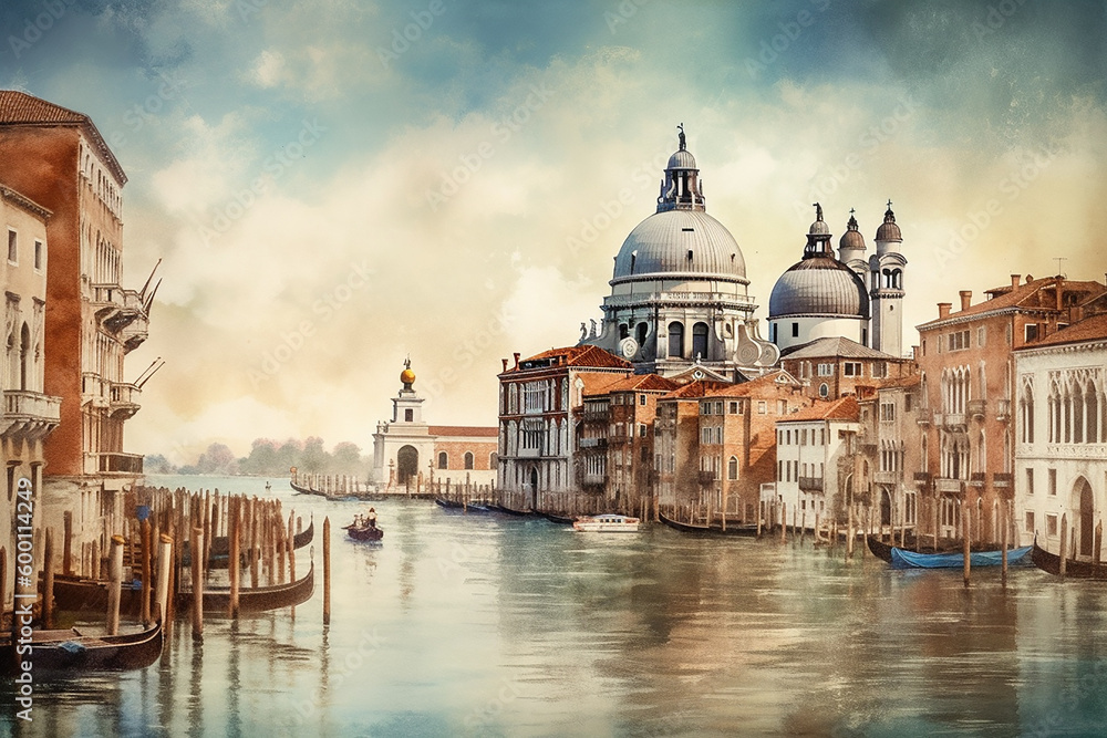 Panoramic view of Canal Grande with Basilica di Santa Maria della Salute in Venice, Italy.