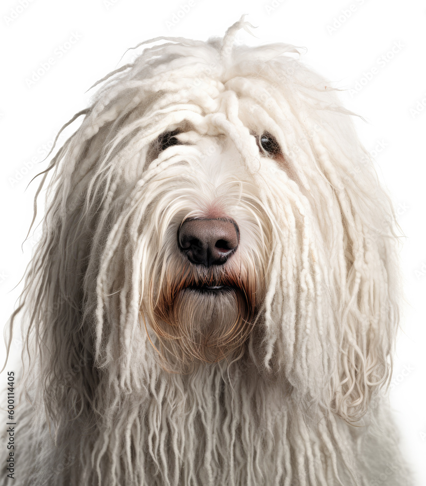 White shaggy dog breed Komondor close-up, isolated on white,, generated by AI