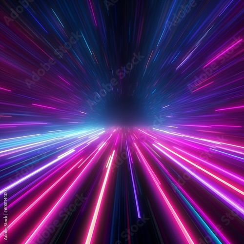 abstract neon background, space tunnel, ultra violet rays, glowing lines, virtual reality jump, speed of light, space and time strings, highway night lights, generative ai