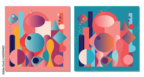 Gradient Memphis poster. Abstract bold geometric shapes circles drops rectangular elements modern graphic vector in red blue colors