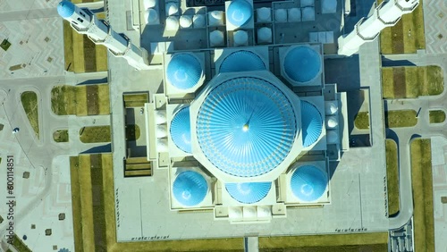 blue domes close-up of the largest mosque in central Asia astana kazakhstan. Vertical down view from the drone