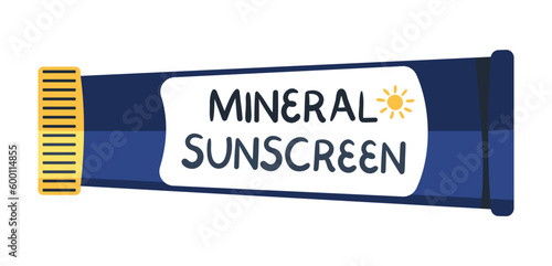 Mineral sunscreen tube of cream. Sunblock cosmetics. Lip balm, lotion with physical SPF. Summer skincare and protection concept. Flat cartoon vector illustration