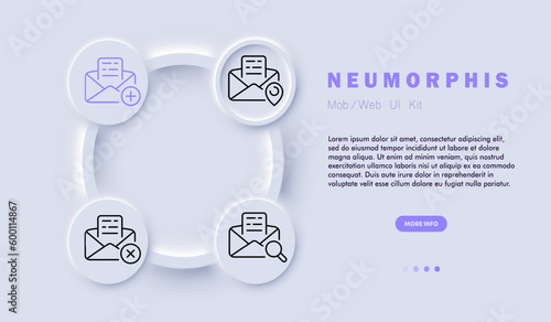 Letter icon set. Email, computer screen or mobile device displaying an email inbox or composing a new email Mail concept. Neomorphism style. Vector line icon for Business and Advertising