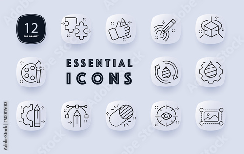 Photo editing icon set. A visual representation of the process of manipulating and enhancing digital images. Software. Neomorphism style. Vector line icon for Business and Advertising