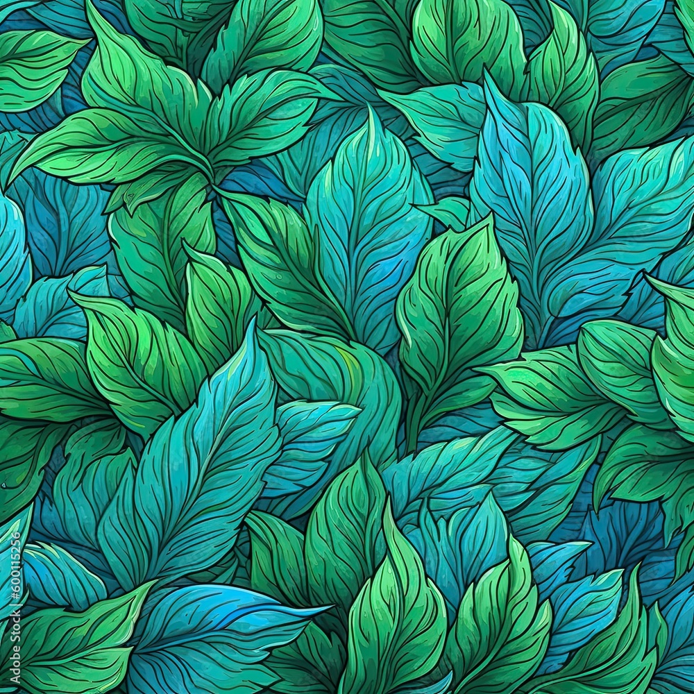 Fototapeta premium Seamless pattern of fresh green foliage leaves in the background. Ideal for eco-friendly designs. Generative AI