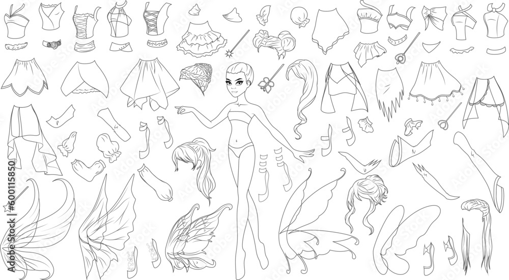 Fairy Creature Coloring Page Paper Doll with Cute Cartoon Character, Wings, Clothes, Hairstyles, Shoes and Wands. Vector Illustration