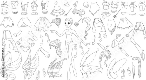 Fototapeta Naklejka Na Ścianę i Meble -  Fairy Creature Coloring Page Paper Doll with Cute Cartoon Character, Wings, Clothes, Hairstyles, Shoes and Wands. Vector Illustration