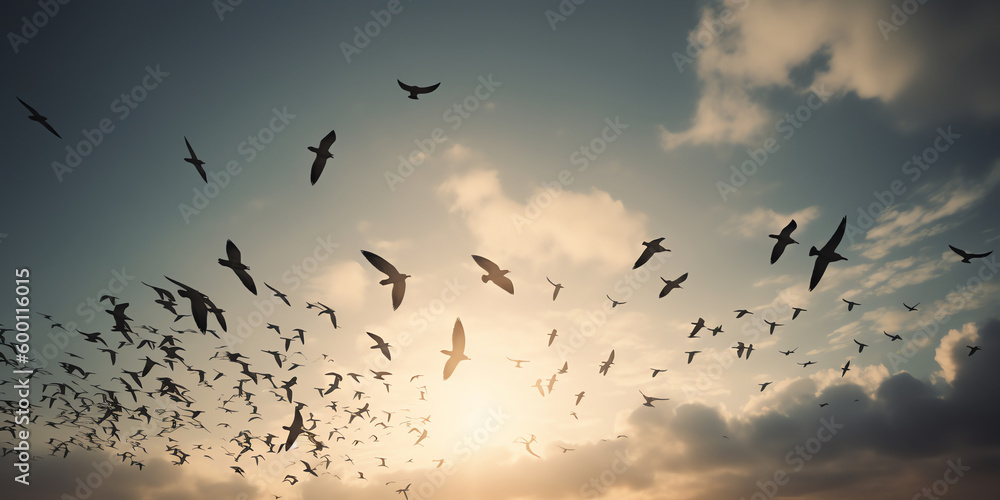 A group of soaring birds, signifying the idea of freedom and unboundedness. Generative AI.