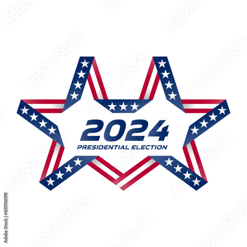 Start of Political election campaign. Unusual Stylized star with american flag colors and symbols. Election voting poster. Presidential election 2024 in USA.