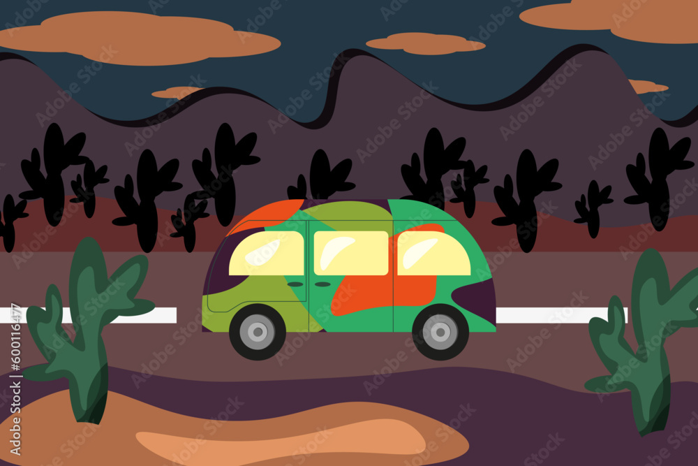 Hippie Van on the road in the Desert. Style art with Colorful Car. Vector illustration. 
