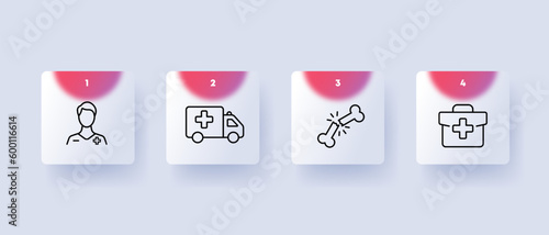 Emergency medical services icon set. Medication administration, wound care, and transportation to hospitals. Medical concept. Glassmorphism style. Vector line icon for Business and Advertising