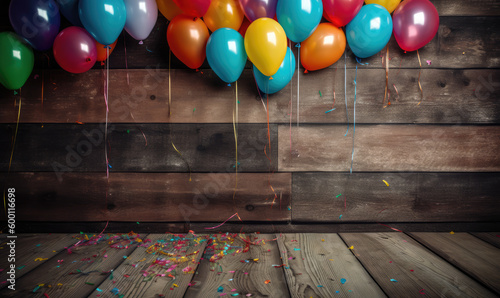 Holzhintergrund mit Luftballons und Konfetti, Generative AI