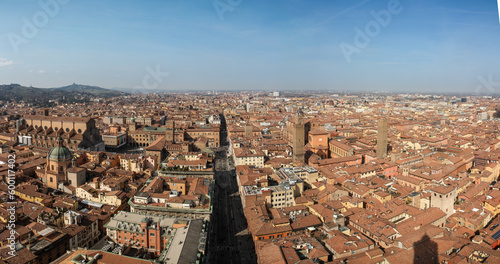 panorama view of bologna, italy, with via rizzoli and piazza maggiore from asinelli-tower photo