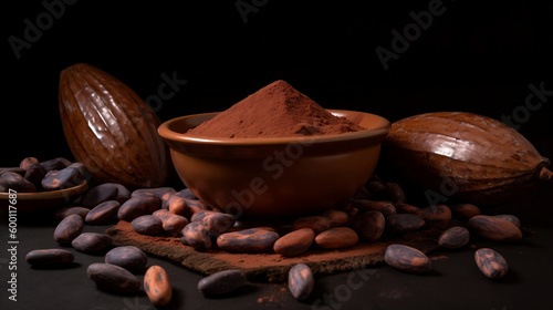 Indulge in the Aroma: Cocoa Powder and Beans on a Dark Surface, Perfect for Chocolate Lovers Generative AI